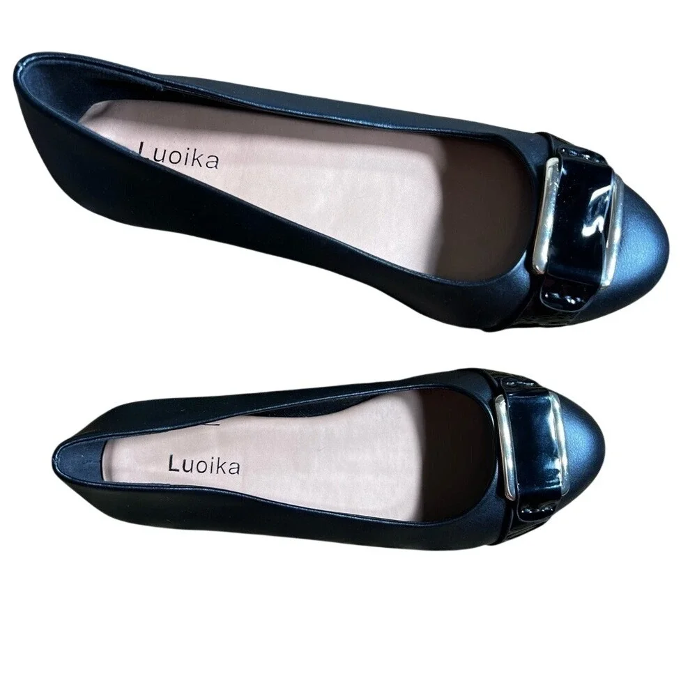 Luoika Womens Black Ballet Flats Gold Buckle Patent Accent Almond Toe Shoes‎ 8